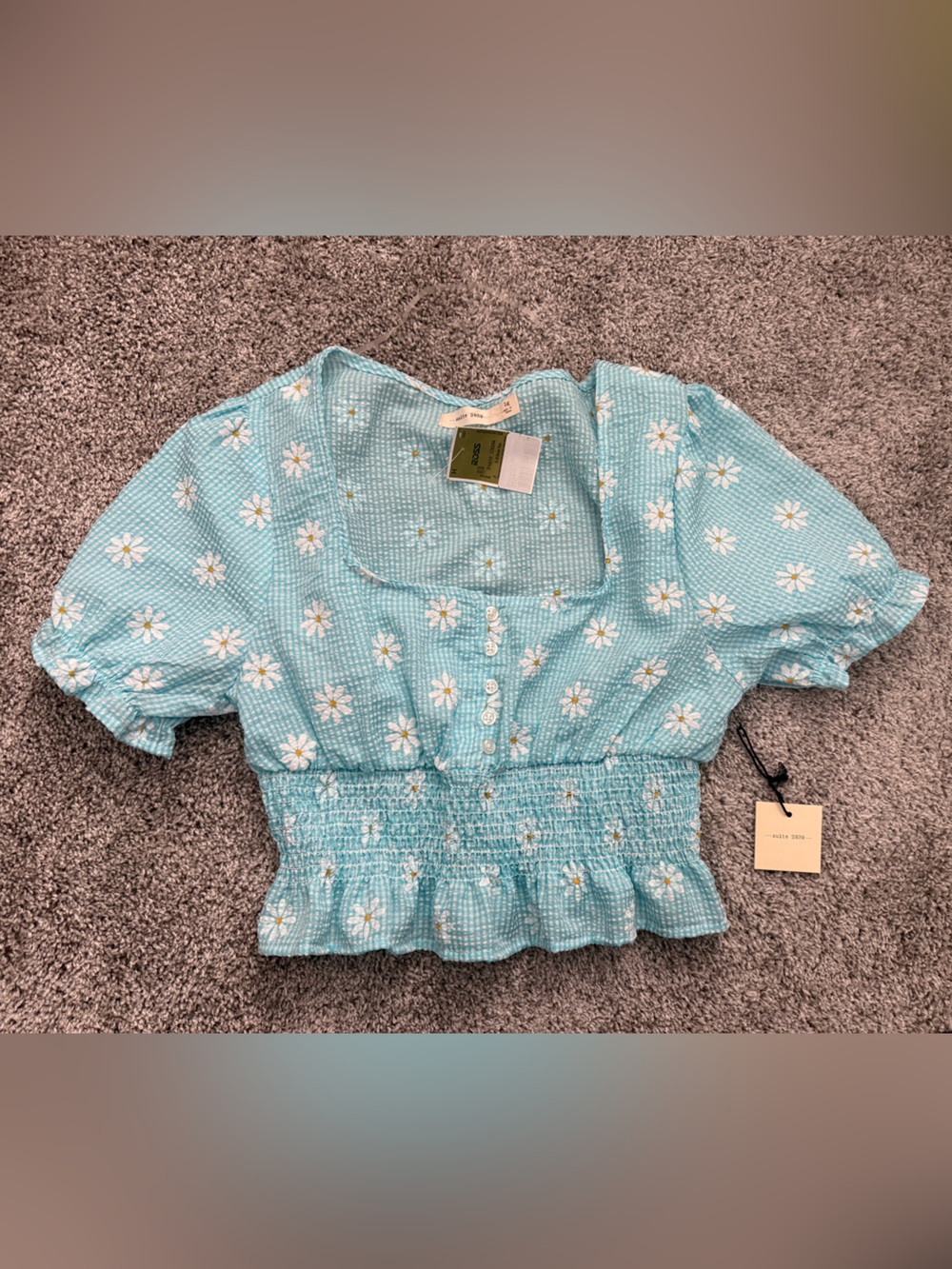 Aqua Gingham Daisy Smocked Crop Top